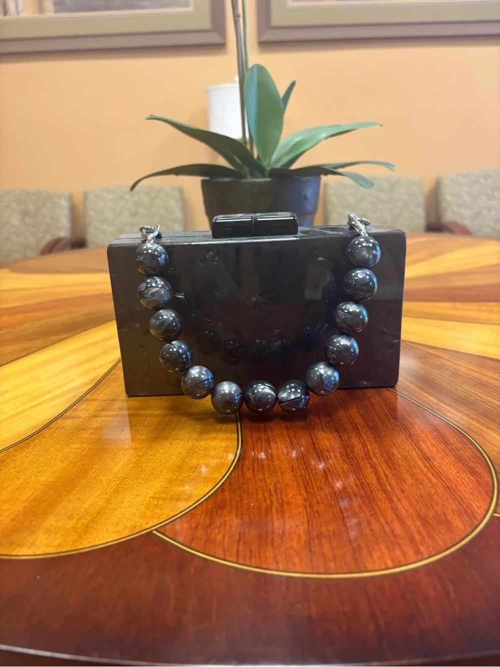 A New Day Shiny Black Gray Clutch with Beaded Handle